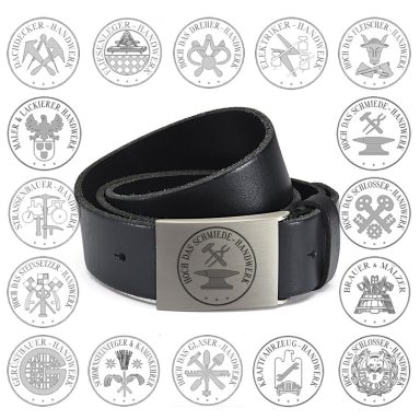 Gürtelschnalle mit verschiedenen Handwerks und Zunftmotiven und Wechselgürtel aus Vollrindsleder Gürtelschnalle mit verschiedenen Handwerks und Zunftmotiven und Wechselgürtel aus Vollrindsleder